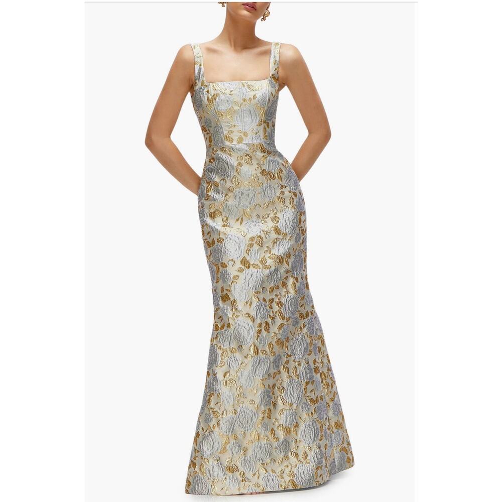 Dessy Group Gold Leaf Brocade Trumpet Gown, Winter Mist, Size 12